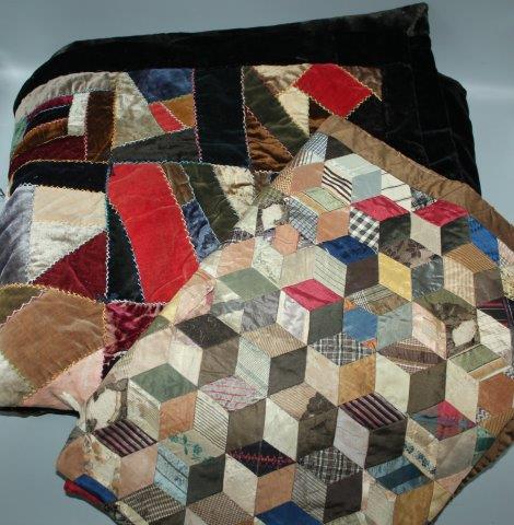 Victorian velvet crazy patchwork panel and another similar silk panel